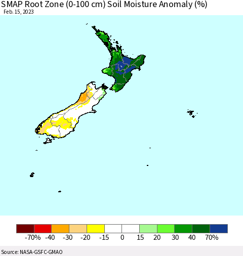 New Zealand SMAP Root Zone (0-100 cm) Soil Moisture Anomaly (%) Thematic Map For 2/11/2023 - 2/15/2023