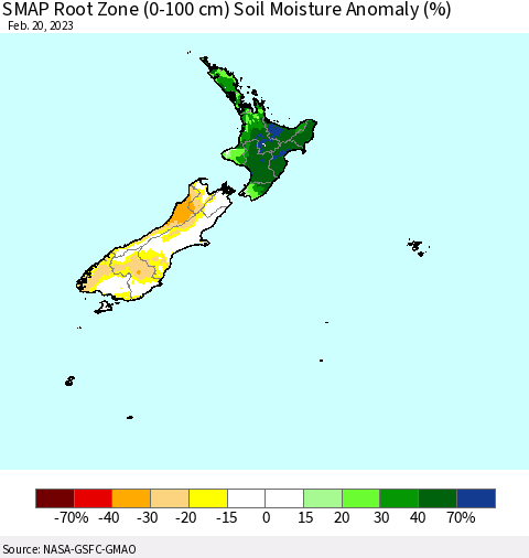 New Zealand SMAP Root Zone (0-100 cm) Soil Moisture Anomaly (%) Thematic Map For 2/16/2023 - 2/20/2023