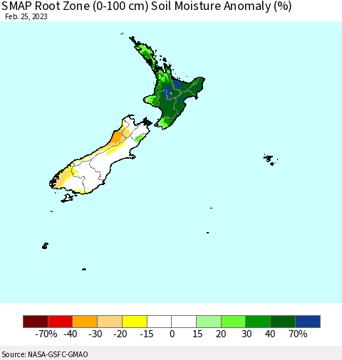 New Zealand SMAP Root Zone (0-100 cm) Soil Moisture Anomaly (%) Thematic Map For 2/21/2023 - 2/25/2023