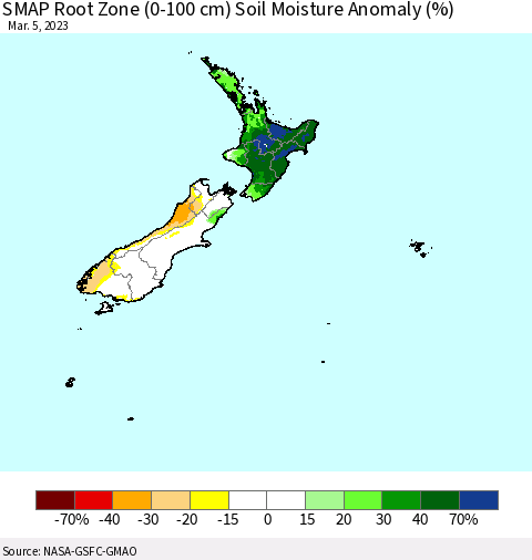 New Zealand SMAP Root Zone (0-100 cm) Soil Moisture Anomaly (%) Thematic Map For 3/1/2023 - 3/5/2023