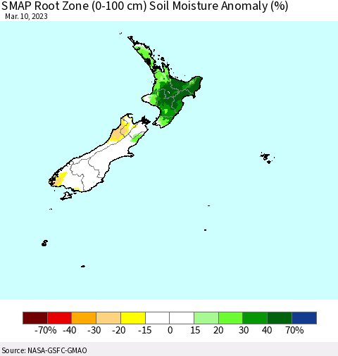 New Zealand SMAP Root Zone (0-100 cm) Soil Moisture Anomaly (%) Thematic Map For 3/6/2023 - 3/10/2023