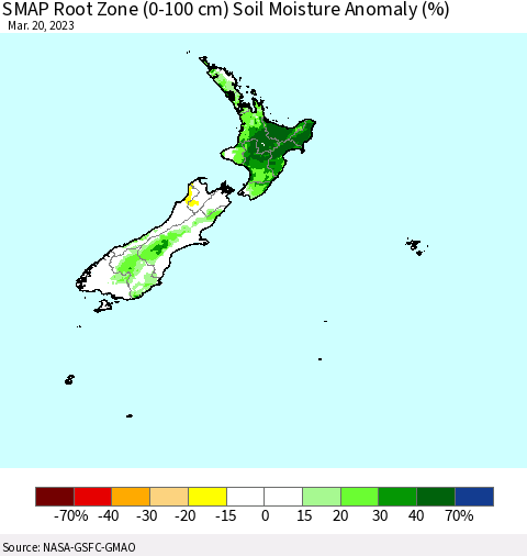 New Zealand SMAP Root Zone (0-100 cm) Soil Moisture Anomaly (%) Thematic Map For 3/16/2023 - 3/20/2023