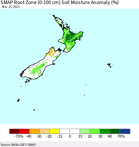 New Zealand SMAP Root Zone (0-100 cm) Soil Moisture Anomaly (%) Thematic Map For 3/21/2023 - 3/25/2023
