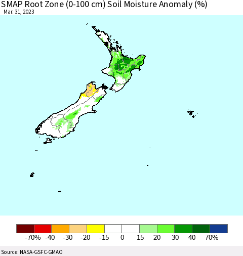 New Zealand SMAP Root Zone (0-100 cm) Soil Moisture Anomaly (%) Thematic Map For 3/26/2023 - 3/31/2023