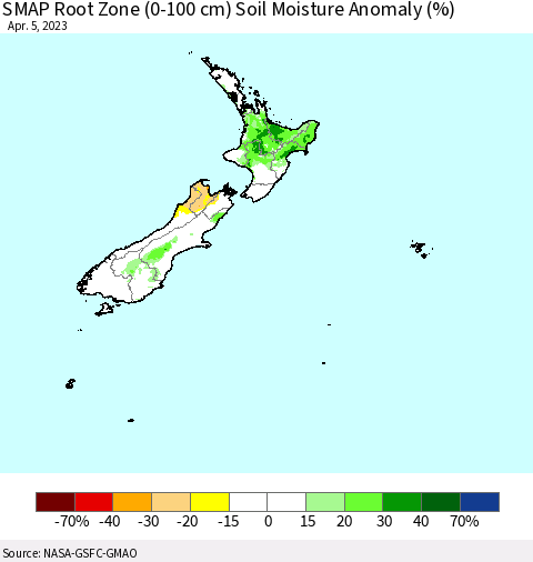 New Zealand SMAP Root Zone (0-100 cm) Soil Moisture Anomaly (%) Thematic Map For 4/1/2023 - 4/5/2023