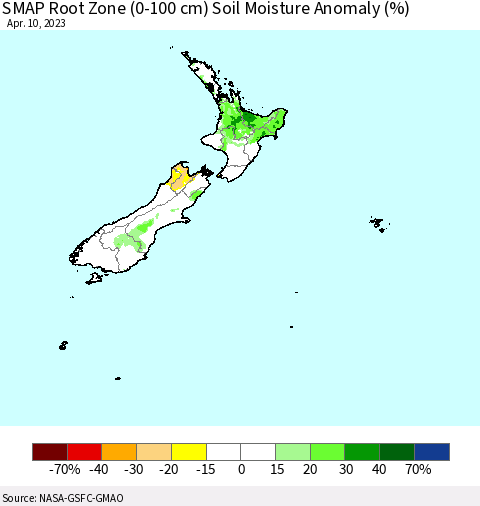 New Zealand SMAP Root Zone (0-100 cm) Soil Moisture Anomaly (%) Thematic Map For 4/6/2023 - 4/10/2023