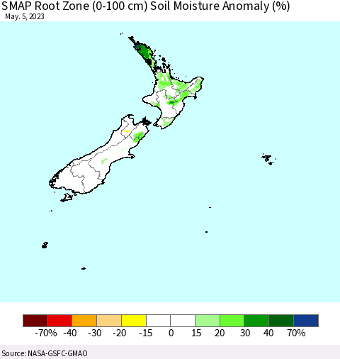 New Zealand SMAP Root Zone (0-100 cm) Soil Moisture Anomaly (%) Thematic Map For 5/1/2023 - 5/5/2023