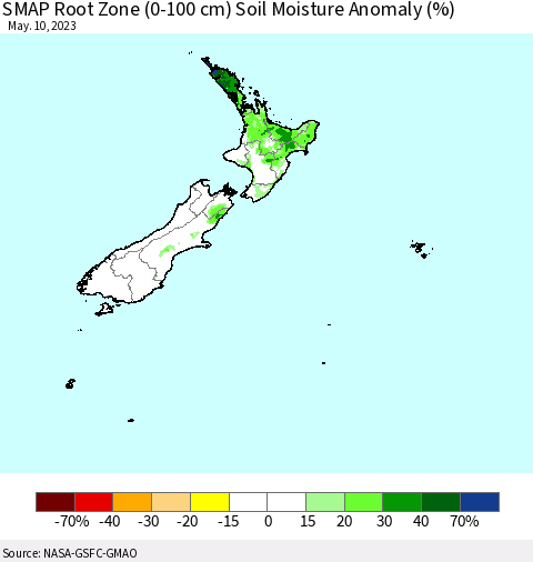 New Zealand SMAP Root Zone (0-100 cm) Soil Moisture Anomaly (%) Thematic Map For 5/6/2023 - 5/10/2023