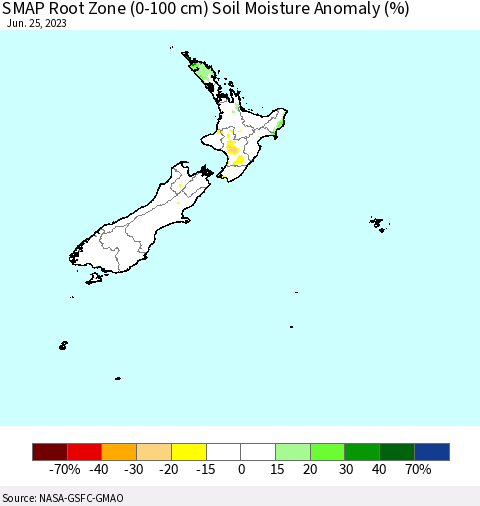 New Zealand SMAP Root Zone (0-100 cm) Soil Moisture Anomaly (%) Thematic Map For 6/21/2023 - 6/25/2023