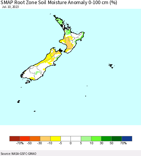 New Zealand SMAP Root Zone (0-100 cm) Soil Moisture Anomaly (%) Thematic Map For 7/6/2023 - 7/10/2023