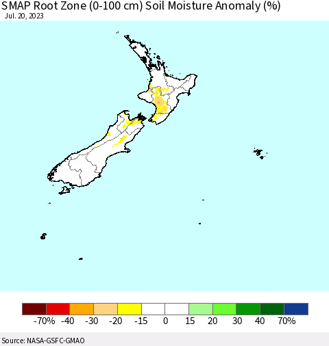 New Zealand SMAP Root Zone (0-100 cm) Soil Moisture Anomaly (%) Thematic Map For 7/16/2023 - 7/20/2023