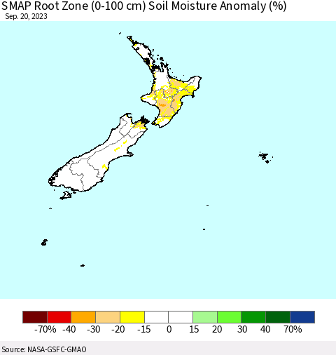 New Zealand SMAP Root Zone (0-100 cm) Soil Moisture Anomaly (%) Thematic Map For 9/16/2023 - 9/20/2023