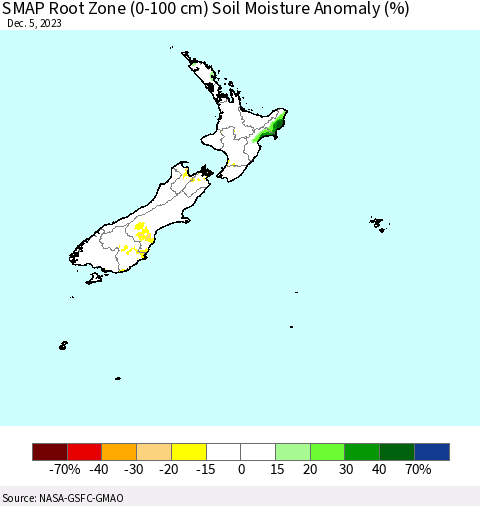 New Zealand SMAP Root Zone (0-100 cm) Soil Moisture Anomaly (%) Thematic Map For 12/1/2023 - 12/5/2023
