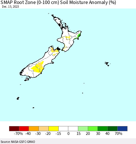 New Zealand SMAP Root Zone (0-100 cm) Soil Moisture Anomaly (%) Thematic Map For 12/11/2023 - 12/15/2023