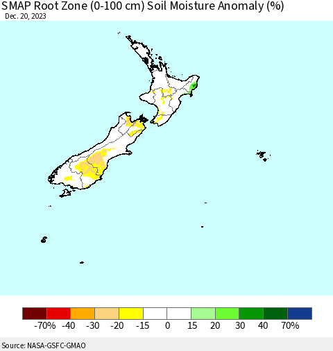 New Zealand SMAP Root Zone (0-100 cm) Soil Moisture Anomaly (%) Thematic Map For 12/16/2023 - 12/20/2023