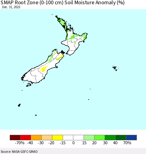 New Zealand SMAP Root Zone (0-100 cm) Soil Moisture Anomaly (%) Thematic Map For 12/26/2023 - 12/31/2023