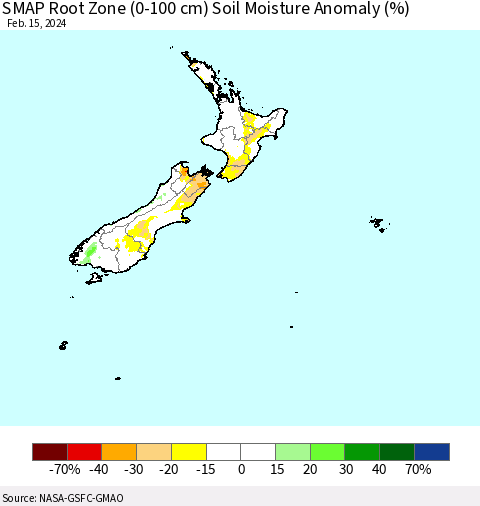 New Zealand SMAP Root Zone (0-100 cm) Soil Moisture Anomaly (%) Thematic Map For 2/11/2024 - 2/15/2024