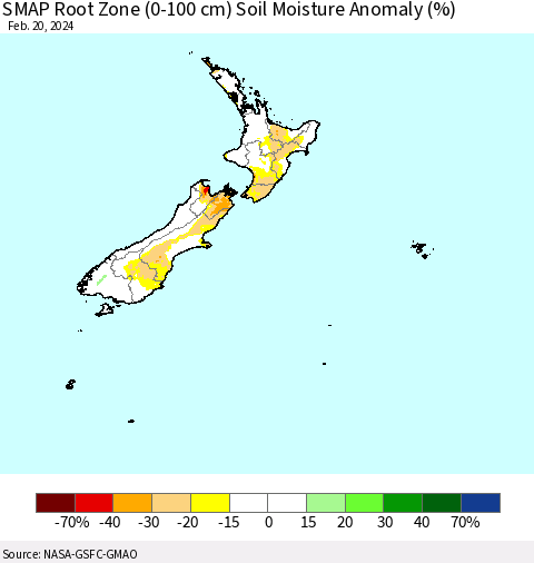 New Zealand SMAP Root Zone (0-100 cm) Soil Moisture Anomaly (%) Thematic Map For 2/16/2024 - 2/20/2024