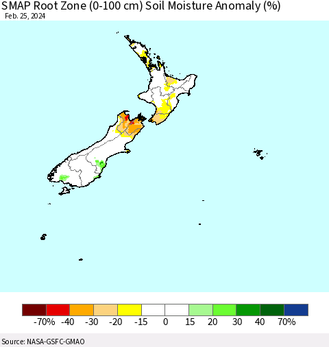 New Zealand SMAP Root Zone (0-100 cm) Soil Moisture Anomaly (%) Thematic Map For 2/21/2024 - 2/25/2024