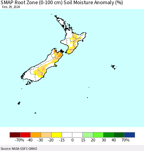 New Zealand SMAP Root Zone (0-100 cm) Soil Moisture Anomaly (%) Thematic Map For 2/26/2024 - 2/29/2024