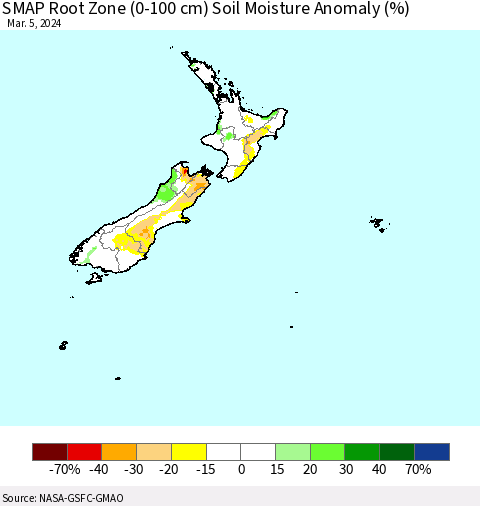 New Zealand SMAP Root Zone (0-100 cm) Soil Moisture Anomaly (%) Thematic Map For 3/1/2024 - 3/5/2024
