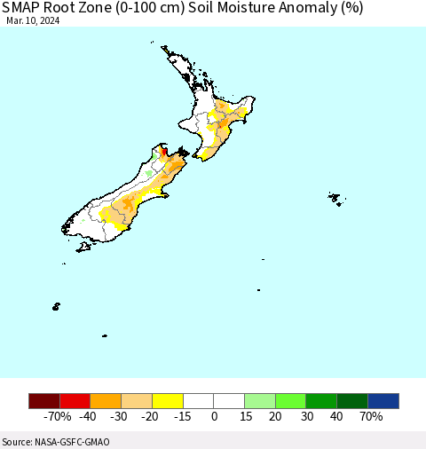 New Zealand SMAP Root Zone (0-100 cm) Soil Moisture Anomaly (%) Thematic Map For 3/6/2024 - 3/10/2024