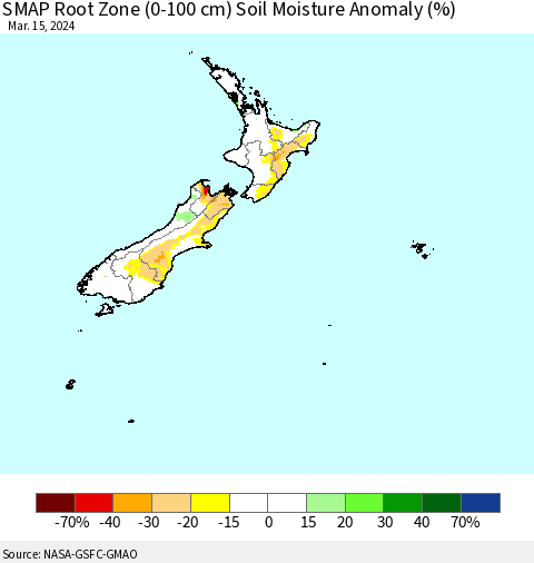 New Zealand SMAP Root Zone (0-100 cm) Soil Moisture Anomaly (%) Thematic Map For 3/11/2024 - 3/15/2024