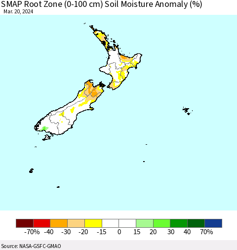 New Zealand SMAP Root Zone (0-100 cm) Soil Moisture Anomaly (%) Thematic Map For 3/16/2024 - 3/20/2024