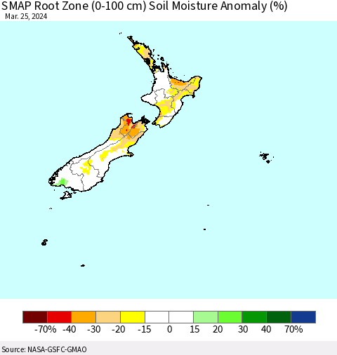 New Zealand SMAP Root Zone (0-100 cm) Soil Moisture Anomaly (%) Thematic Map For 3/21/2024 - 3/25/2024
