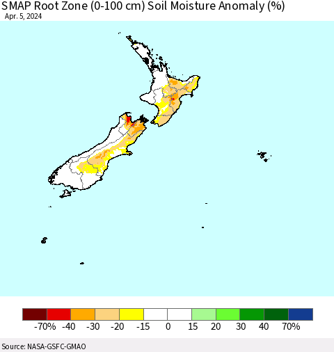 New Zealand SMAP Root Zone (0-100 cm) Soil Moisture Anomaly (%) Thematic Map For 4/1/2024 - 4/5/2024