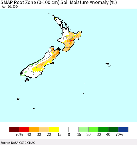 New Zealand SMAP Root Zone (0-100 cm) Soil Moisture Anomaly (%) Thematic Map For 4/6/2024 - 4/10/2024