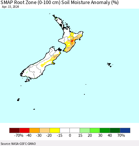 New Zealand SMAP Root Zone (0-100 cm) Soil Moisture Anomaly (%) Thematic Map For 4/11/2024 - 4/15/2024
