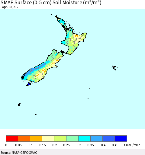 New Zealand SMAP Surface (0-5 cm) Soil Moisture (m³/m³) Thematic Map For 4/6/2021 - 4/10/2021