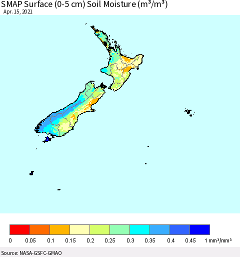 New Zealand SMAP Surface (0-5 cm) Soil Moisture (m³/m³) Thematic Map For 4/11/2021 - 4/15/2021