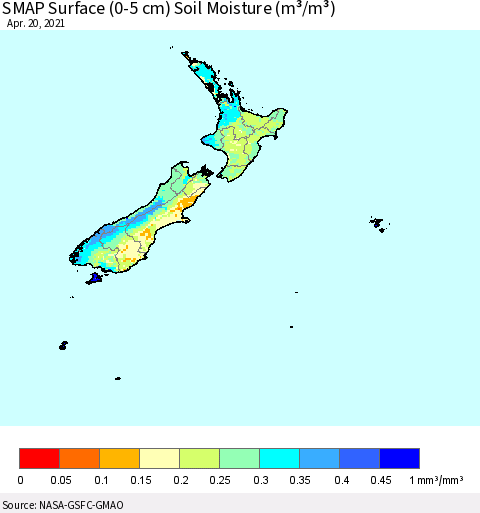 New Zealand SMAP Surface (0-5 cm) Soil Moisture (m³/m³) Thematic Map For 4/16/2021 - 4/20/2021