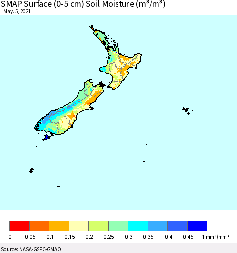 New Zealand SMAP Surface (0-5 cm) Soil Moisture (m³/m³) Thematic Map For 5/1/2021 - 5/5/2021