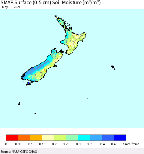 New Zealand SMAP Surface (0-5 cm) Soil Moisture (m³/m³) Thematic Map For 5/6/2021 - 5/10/2021