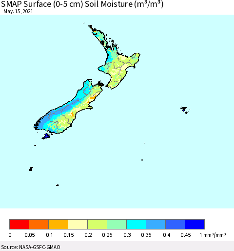 New Zealand SMAP Surface (0-5 cm) Soil Moisture (m³/m³) Thematic Map For 5/11/2021 - 5/15/2021