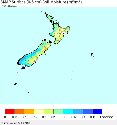 New Zealand SMAP Surface (0-5 cm) Soil Moisture (m³/m³) Thematic Map For 5/21/2021 - 5/25/2021