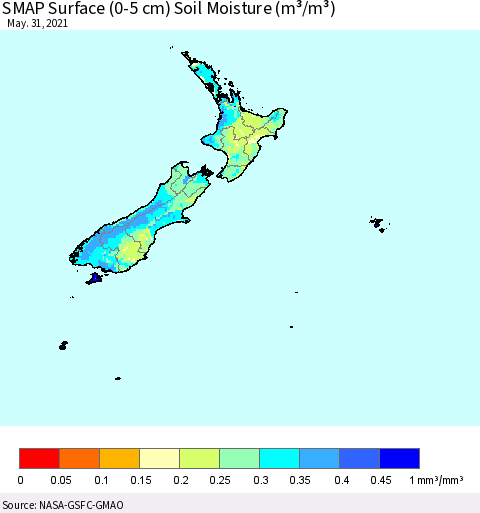 New Zealand SMAP Surface (0-5 cm) Soil Moisture (m³/m³) Thematic Map For 5/26/2021 - 5/31/2021