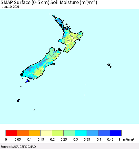 New Zealand SMAP Surface (0-5 cm) Soil Moisture (m³/m³) Thematic Map For 6/6/2021 - 6/10/2021