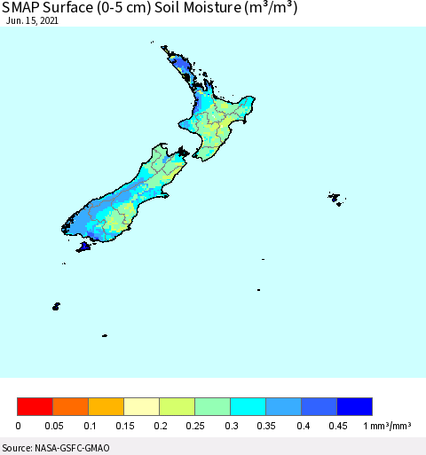 New Zealand SMAP Surface (0-5 cm) Soil Moisture (m³/m³) Thematic Map For 6/11/2021 - 6/15/2021