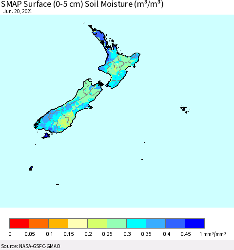 New Zealand SMAP Surface (0-5 cm) Soil Moisture (m³/m³) Thematic Map For 6/16/2021 - 6/20/2021