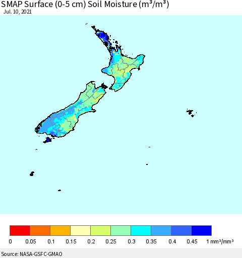 New Zealand SMAP Surface (0-5 cm) Soil Moisture (m³/m³) Thematic Map For 7/6/2021 - 7/10/2021
