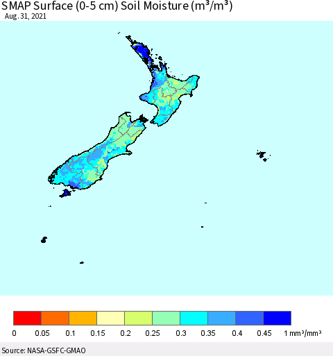 New Zealand SMAP Surface (0-5 cm) Soil Moisture (m³/m³) Thematic Map For 8/26/2021 - 8/31/2021