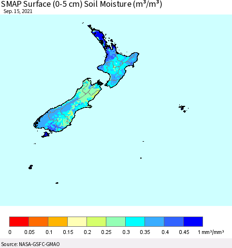 New Zealand SMAP Surface (0-5 cm) Soil Moisture (m³/m³) Thematic Map For 9/11/2021 - 9/15/2021