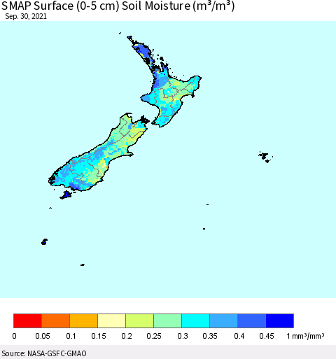 New Zealand SMAP Surface (0-5 cm) Soil Moisture (m³/m³) Thematic Map For 9/26/2021 - 9/30/2021