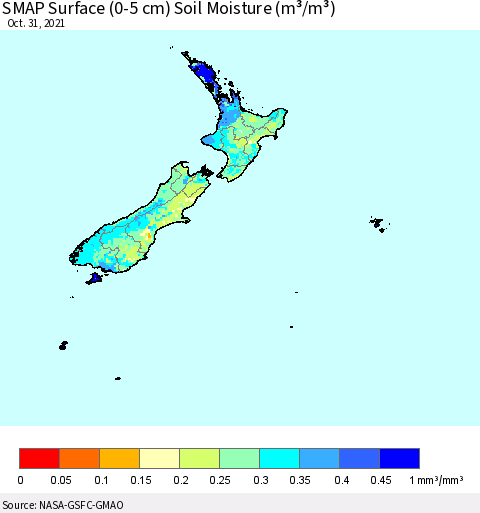 New Zealand SMAP Surface (0-5 cm) Soil Moisture (m³/m³) Thematic Map For 10/26/2021 - 10/31/2021