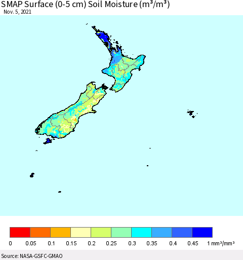 New Zealand SMAP Surface (0-5 cm) Soil Moisture (m³/m³) Thematic Map For 11/1/2021 - 11/5/2021