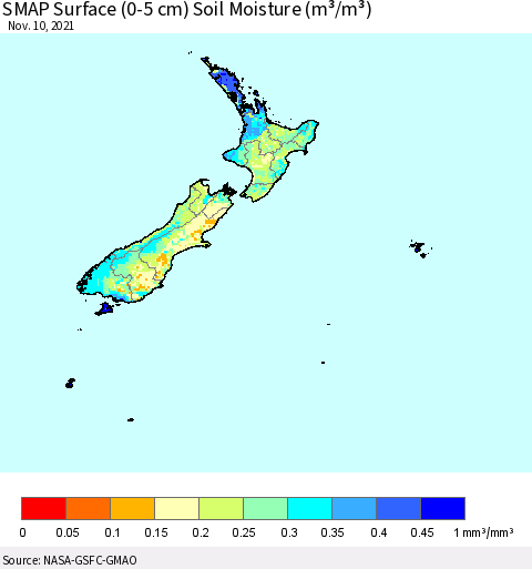 New Zealand SMAP Surface (0-5 cm) Soil Moisture (m³/m³) Thematic Map For 11/6/2021 - 11/10/2021